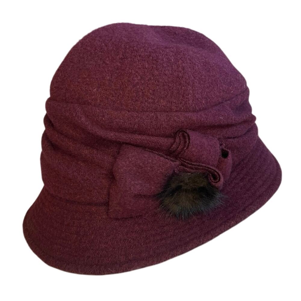 Ramona Paris Purple Burgundy Soft Classic Bucket Hat W/ Fur Pin Detail Glam